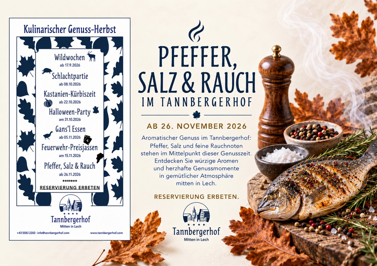 Kulinarisches Herbstfest im Tannbergerhof Flyer für kulinarische Veranstaltung Pfeffer, Salz und Rauch mit herbstlichen Gerichten