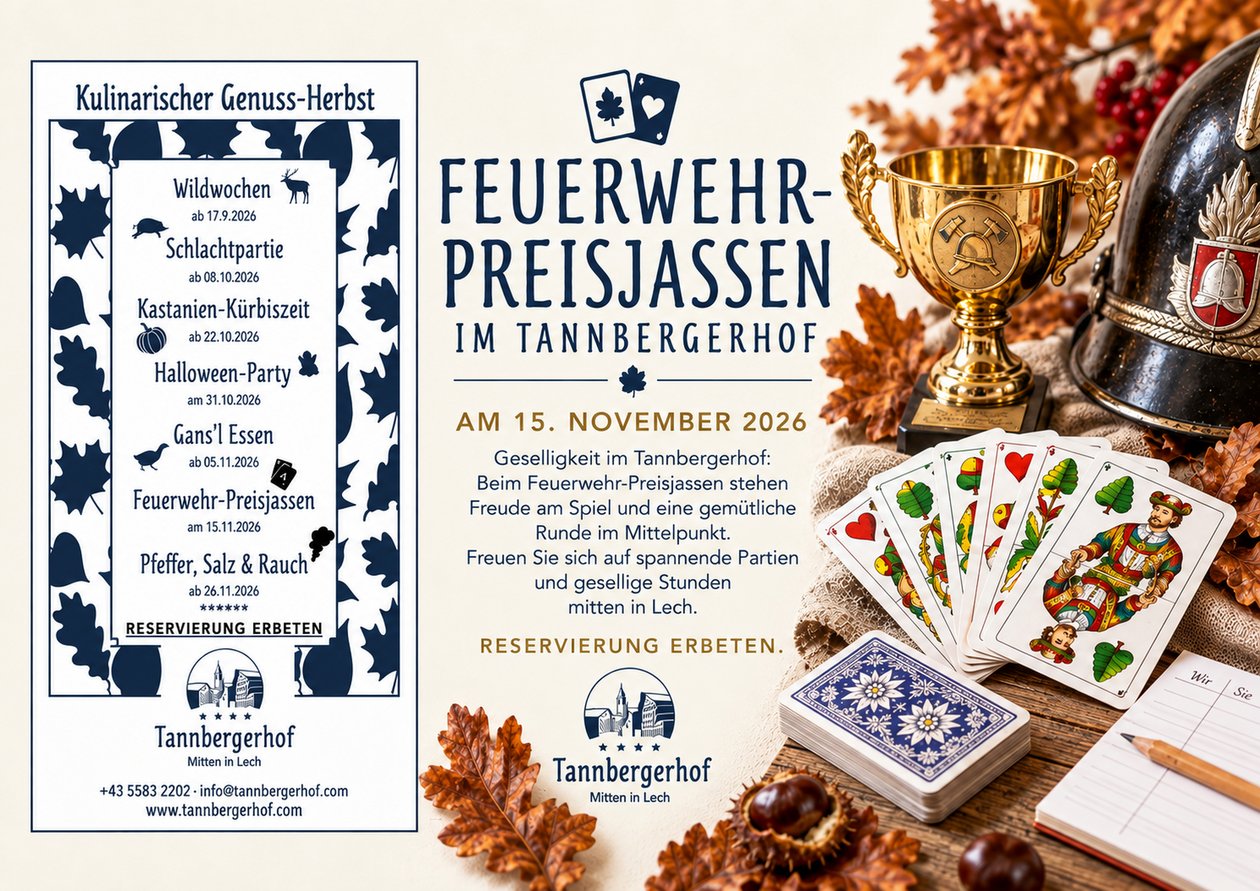 Kulinarischer Herbst im Tannbergerhof Flyer für den Feuerwehrpreisjassen mit Eventdetails und Aktivitätenbeschreibung.
