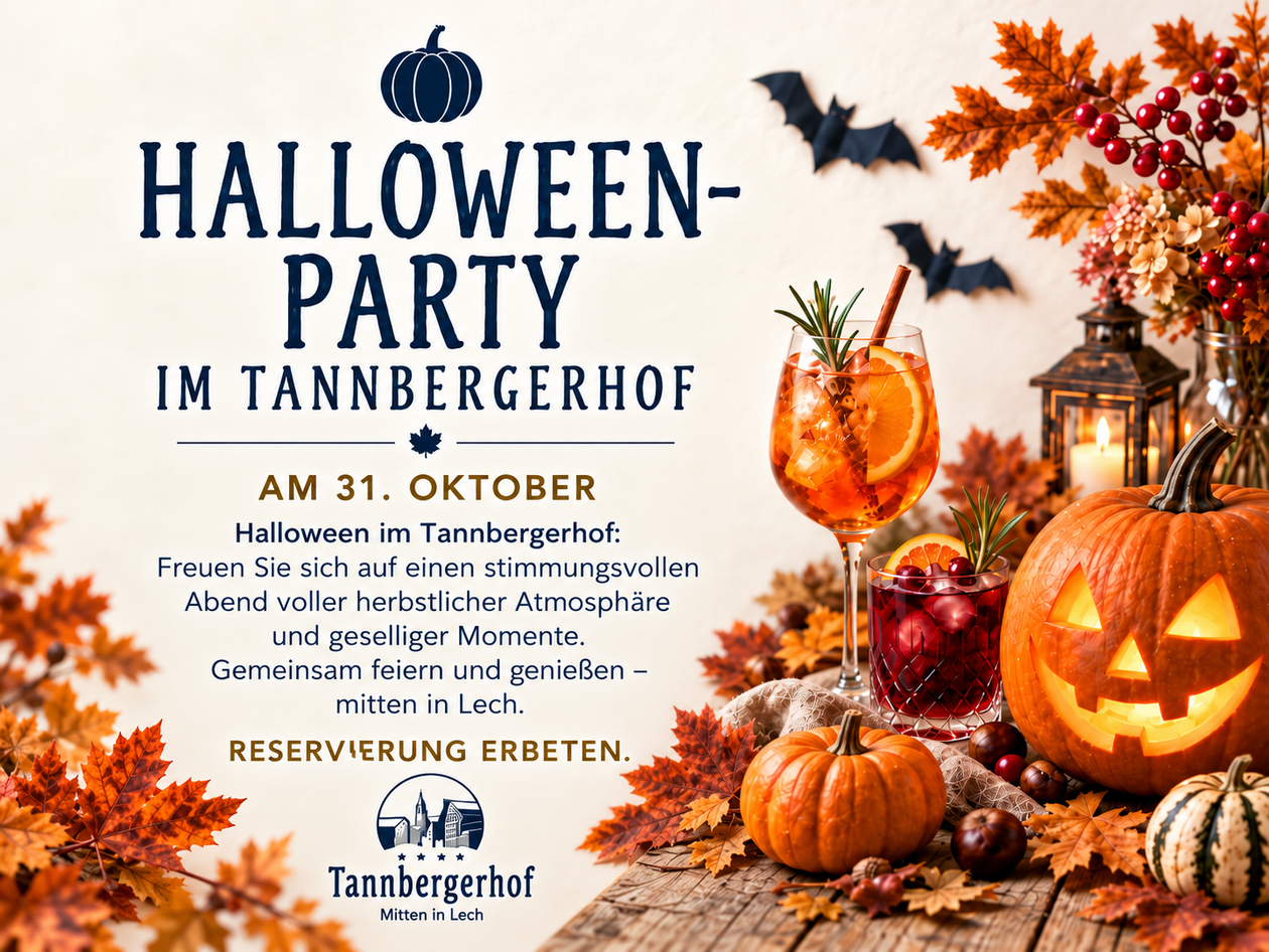 Halloween-Party im Hotel Tannbergerhof in Lech Flyer zur Halloween-Party am 31. Oktober im Hotel Tannbergerhof mit Kürbislaterne, Cocktails und herbstlicher Dekoration.