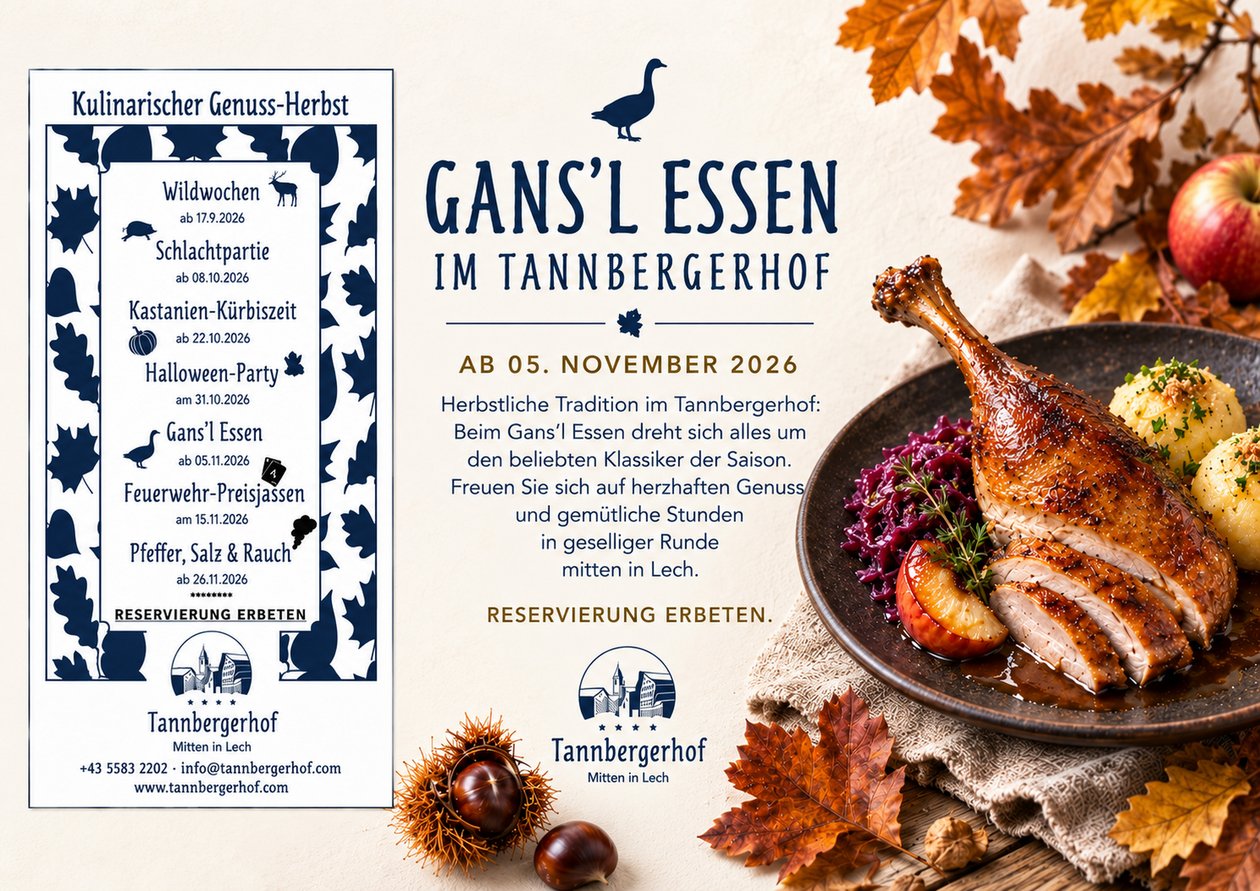 Gans'l Essen Fest der Genüsse Flyer für kulinarische Veranstaltung Gans'l Essen mit herbstlichen Gerichten und Aktivitäten